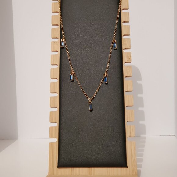 Gold Chain Necklace With Blue Rectangle Charms - Picture 7 of 8